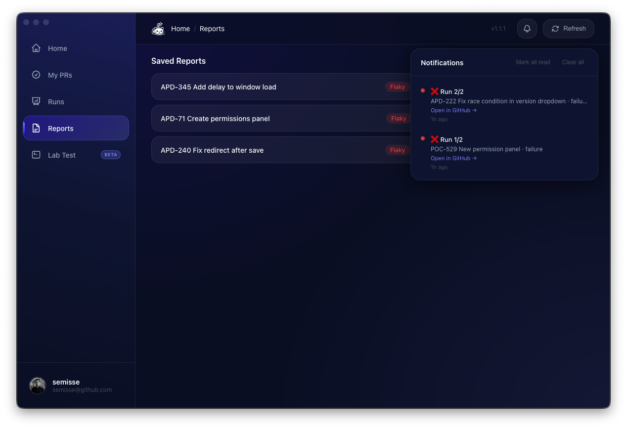 Notification center with run results