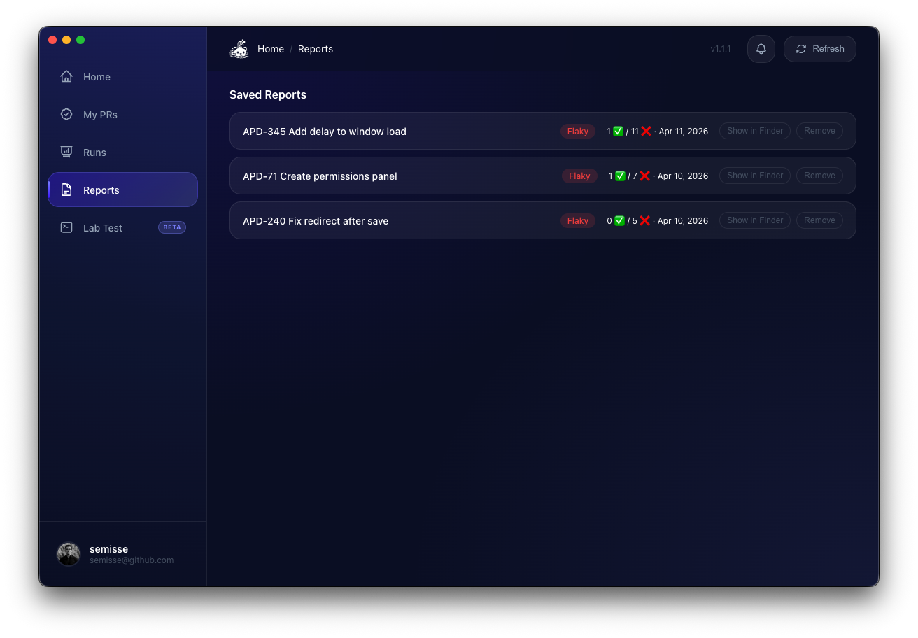 Flakiness reports with pass/fail counts and badges