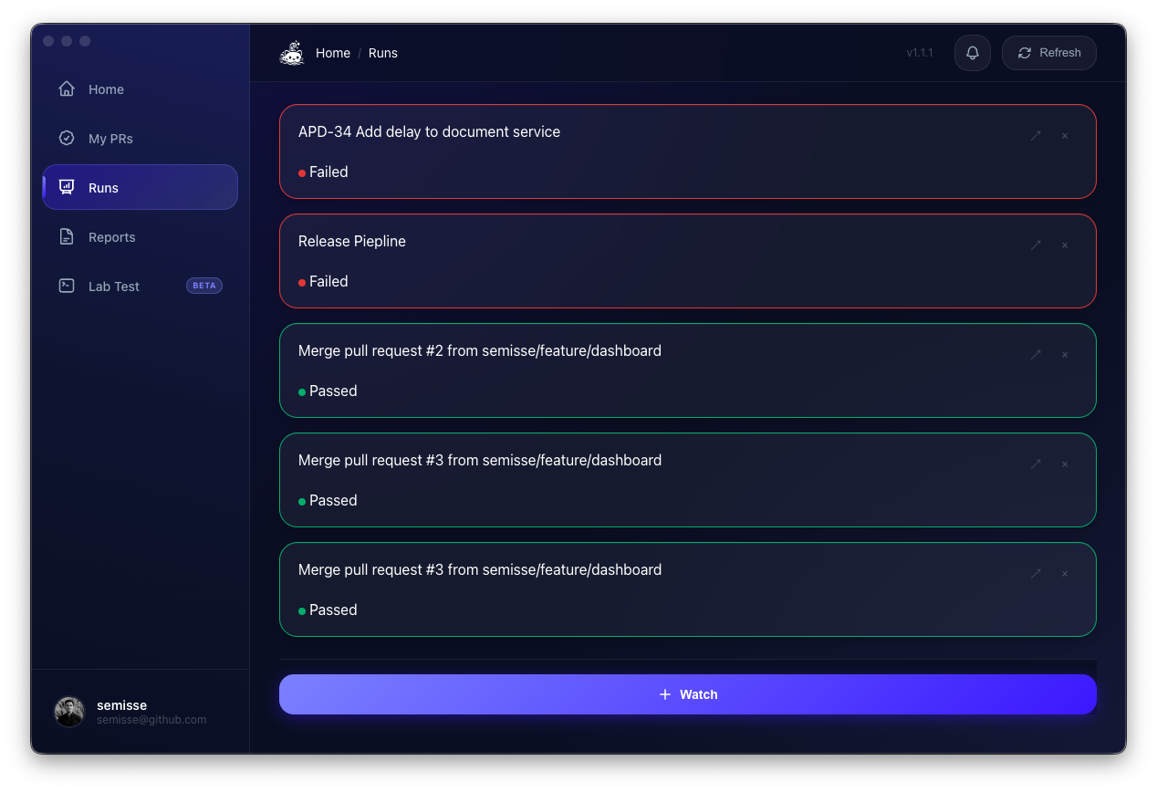 Watching runs: pass and fail status with live polling